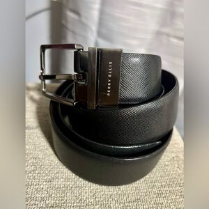 Perry Ellis Textured Reversible Bonded Leather Black Belt with Silver Buckle 36
